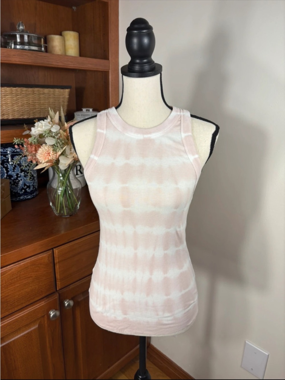 aerie Pink and White Ribbed Tie-Dye Racerback Tank